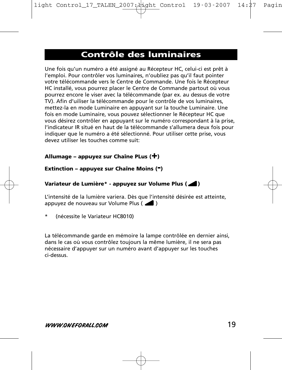 Contrôle des luminaires | One for All HC-8000 User Manual | Page 19 / 114