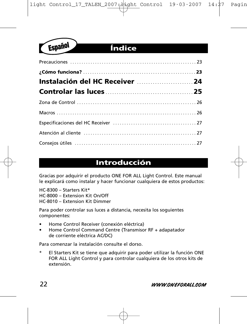 Español, Instalación del hc receiver, 24 controlar las luces | Índice introducción | One for All HC-8000 User Manual | Page 22 / 114