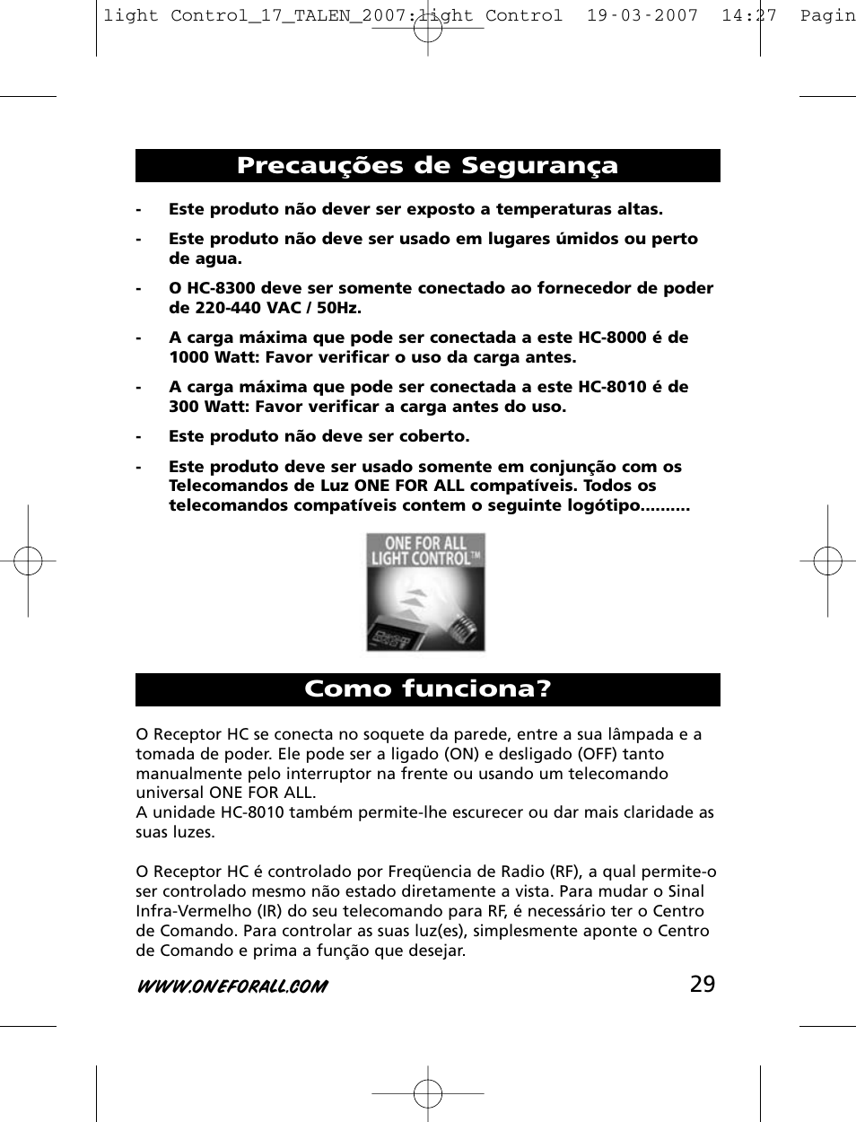 Precauções de segurança como funciona | One for All HC-8000 User Manual | Page 29 / 114