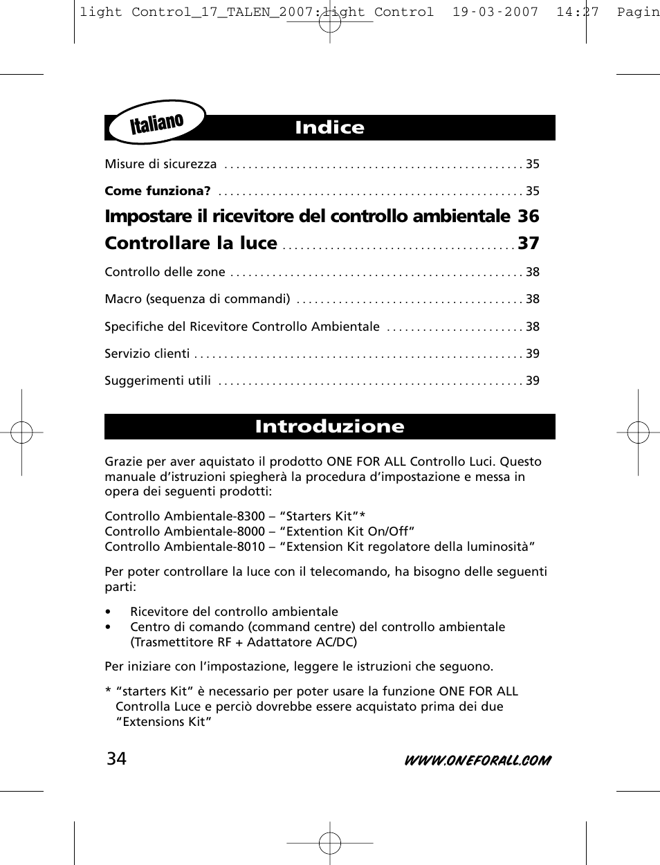 Italiano, Indice introduzione | One for All HC-8000 User Manual | Page 34 / 114