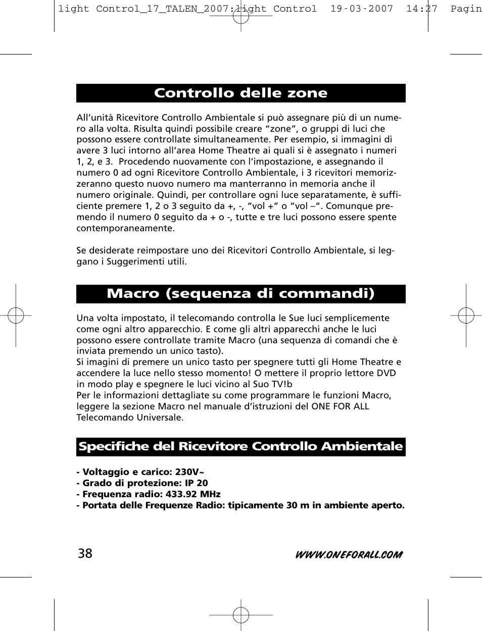 Controllo delle zone macro (sequenza di commandi) | One for All HC-8000 User Manual | Page 38 / 114