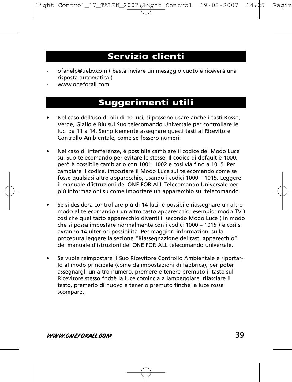 Servizio clienti suggerimenti utili | One for All HC-8000 User Manual | Page 39 / 114