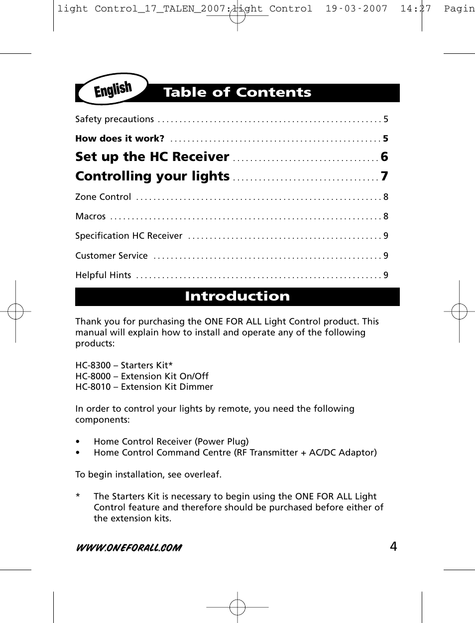 English, Set up the hc receiver, 6controlling your lights | Table of contents introduction | One for All HC-8000 User Manual | Page 4 / 114