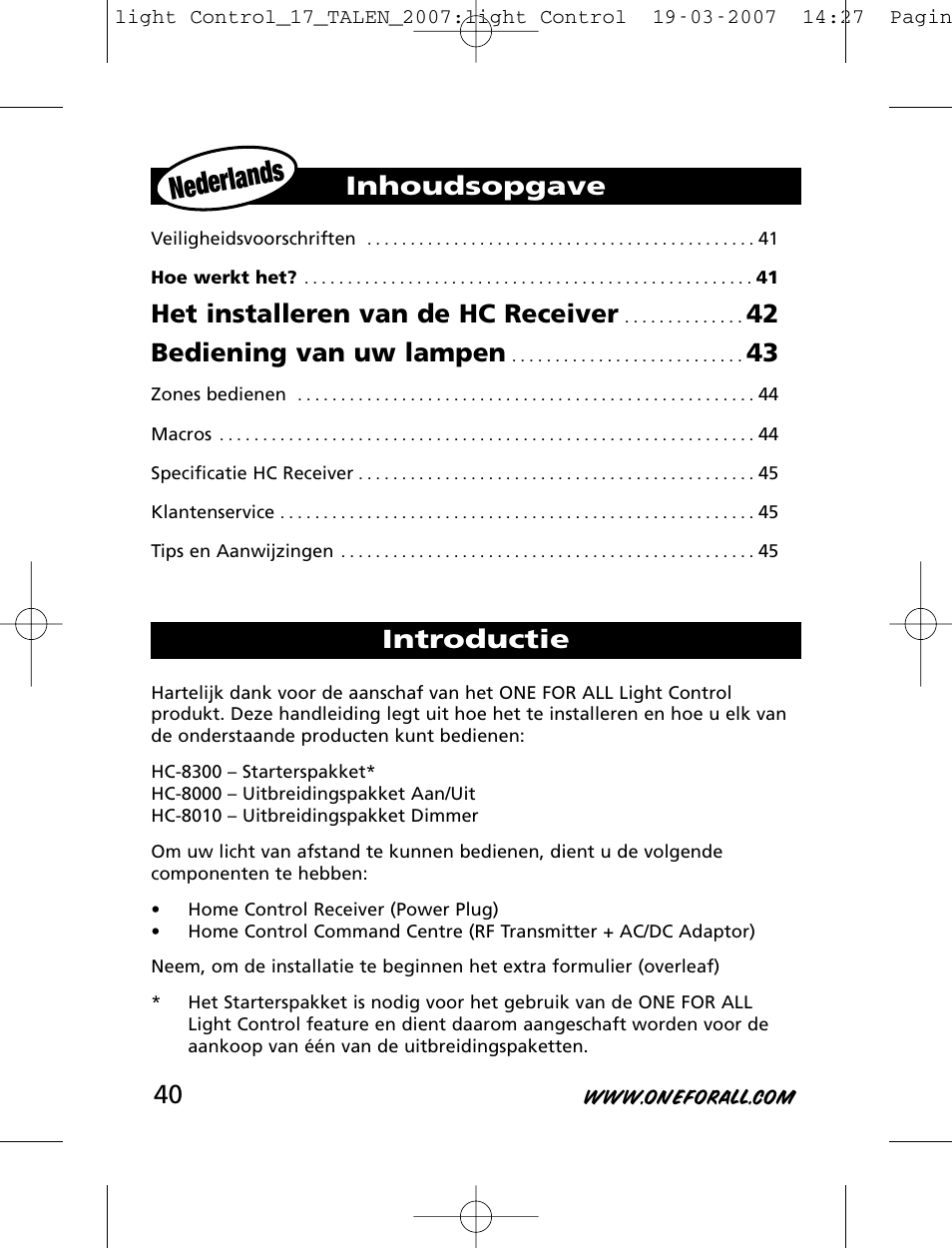 Nederlan ds, Het installeren van de hc receiver, 42 bediening van uw lampen | Inhoudsopgave introductie | One for All HC-8000 User Manual | Page 40 / 114