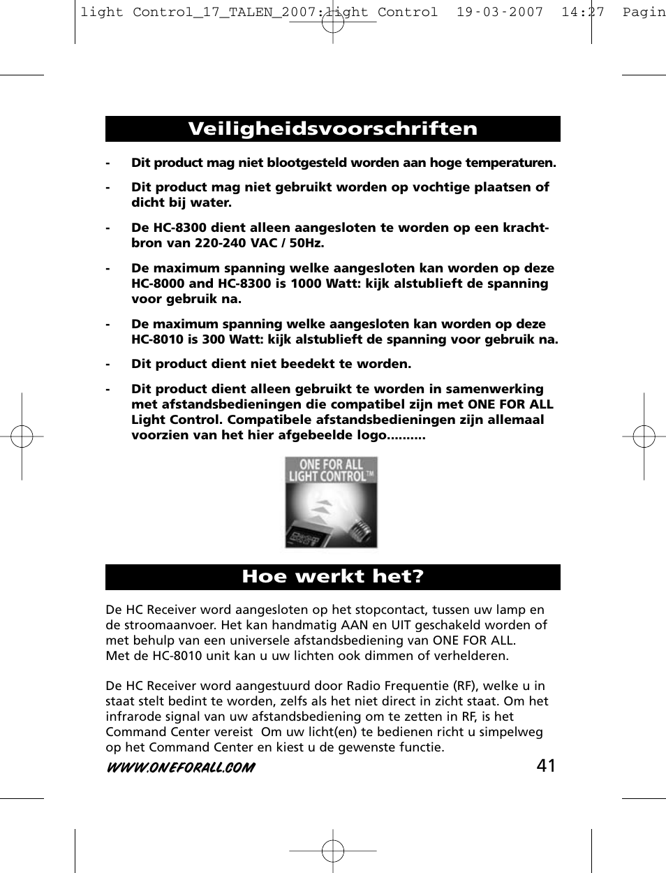 Veiligheidsvoorschriften hoe werkt het | One for All HC-8000 User Manual | Page 41 / 114