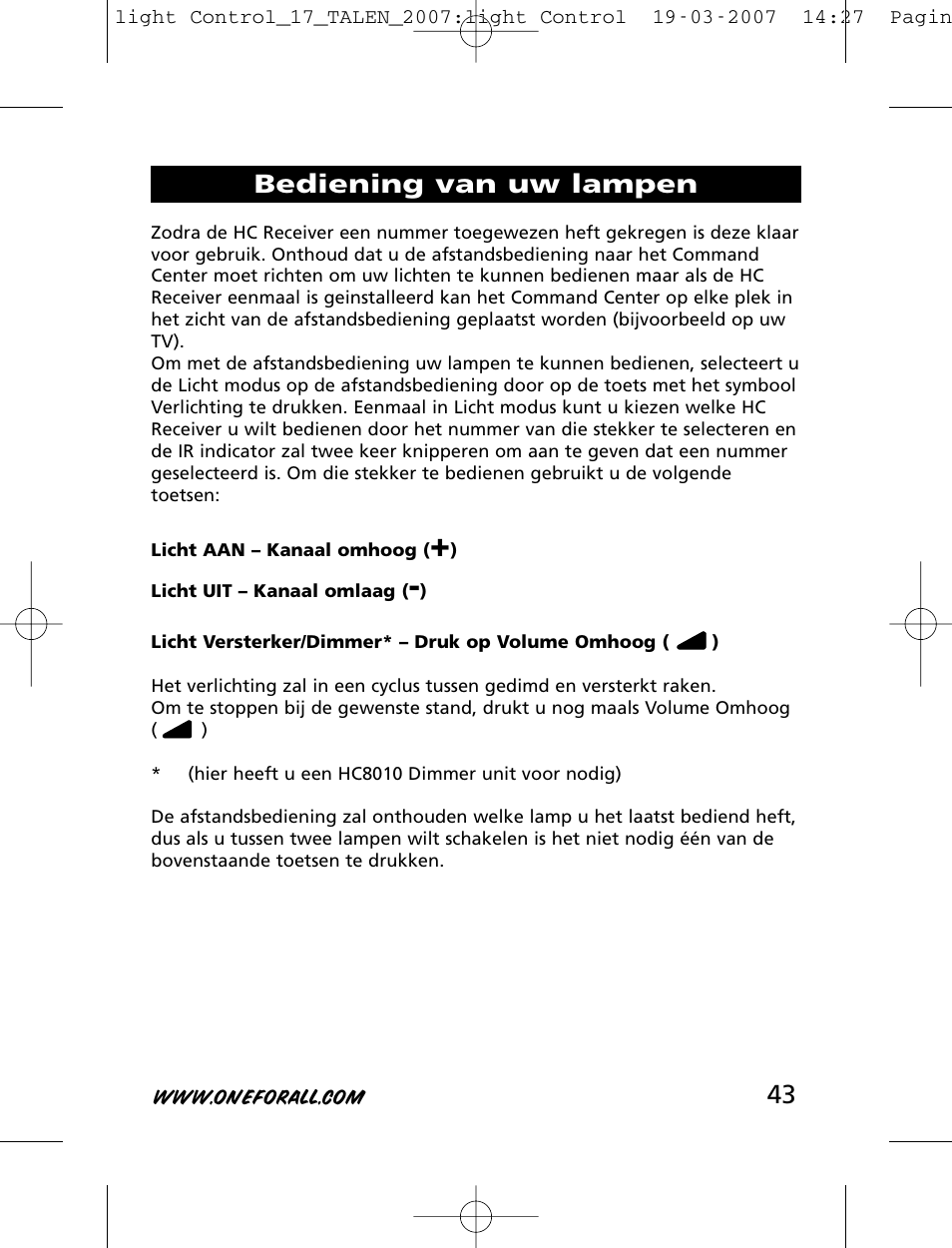 Bediening van uw lampen | One for All HC-8000 User Manual | Page 43 / 114