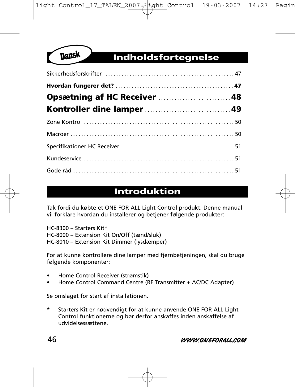 Dansk, Opsætning af hc receiver, 48 kontroller dine lamper | Indholdsfortegnelse introduktion | One for All HC-8000 User Manual | Page 46 / 114