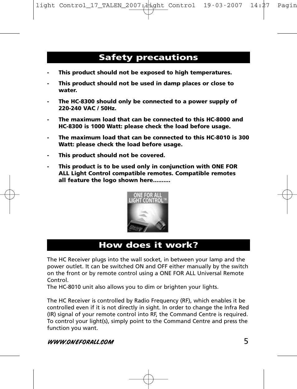 Safety precautions how does it work | One for All HC-8000 User Manual | Page 5 / 114