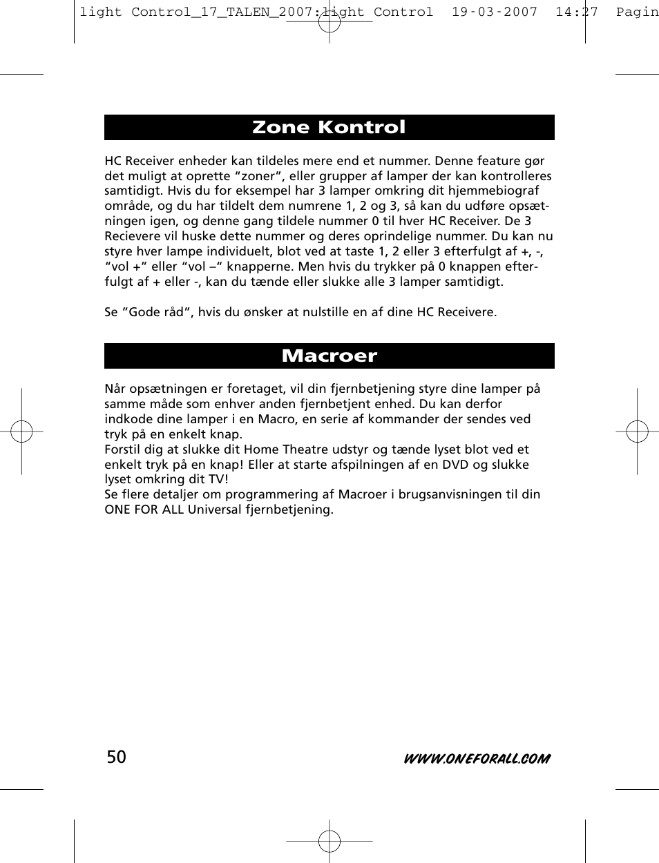 Zone kontrol macroer | One for All HC-8000 User Manual | Page 50 / 114