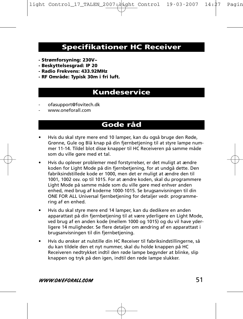 Specifikationer hc receiver kundeservice gode råd | One for All HC-8000 User Manual | Page 51 / 114