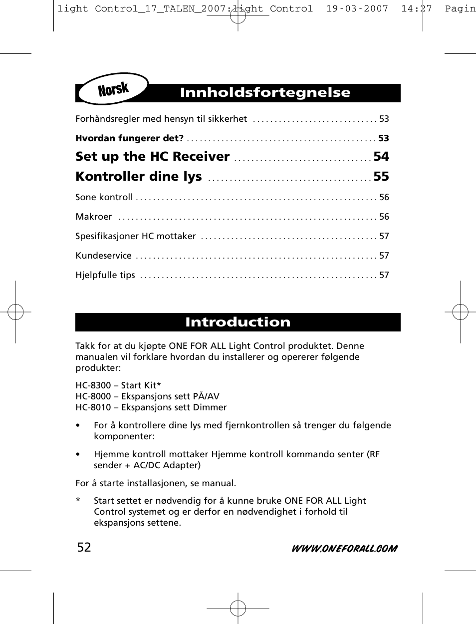 Norsk, Set up the hc receiver, 54 kontroller dine lys | Innholdsfortegnelse introduction | One for All HC-8000 User Manual | Page 52 / 114