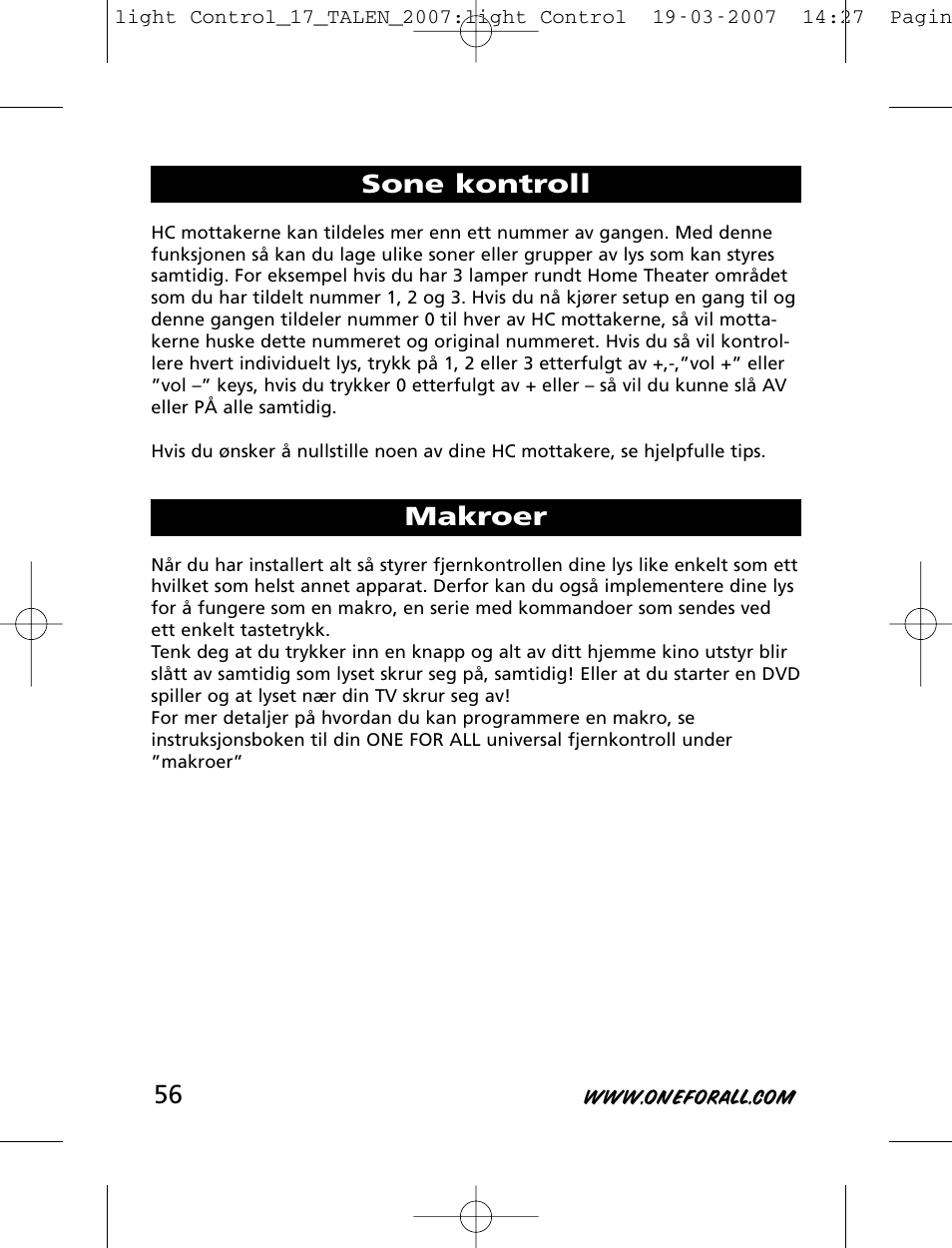 Sone kontroll makroer | One for All HC-8000 User Manual | Page 56 / 114