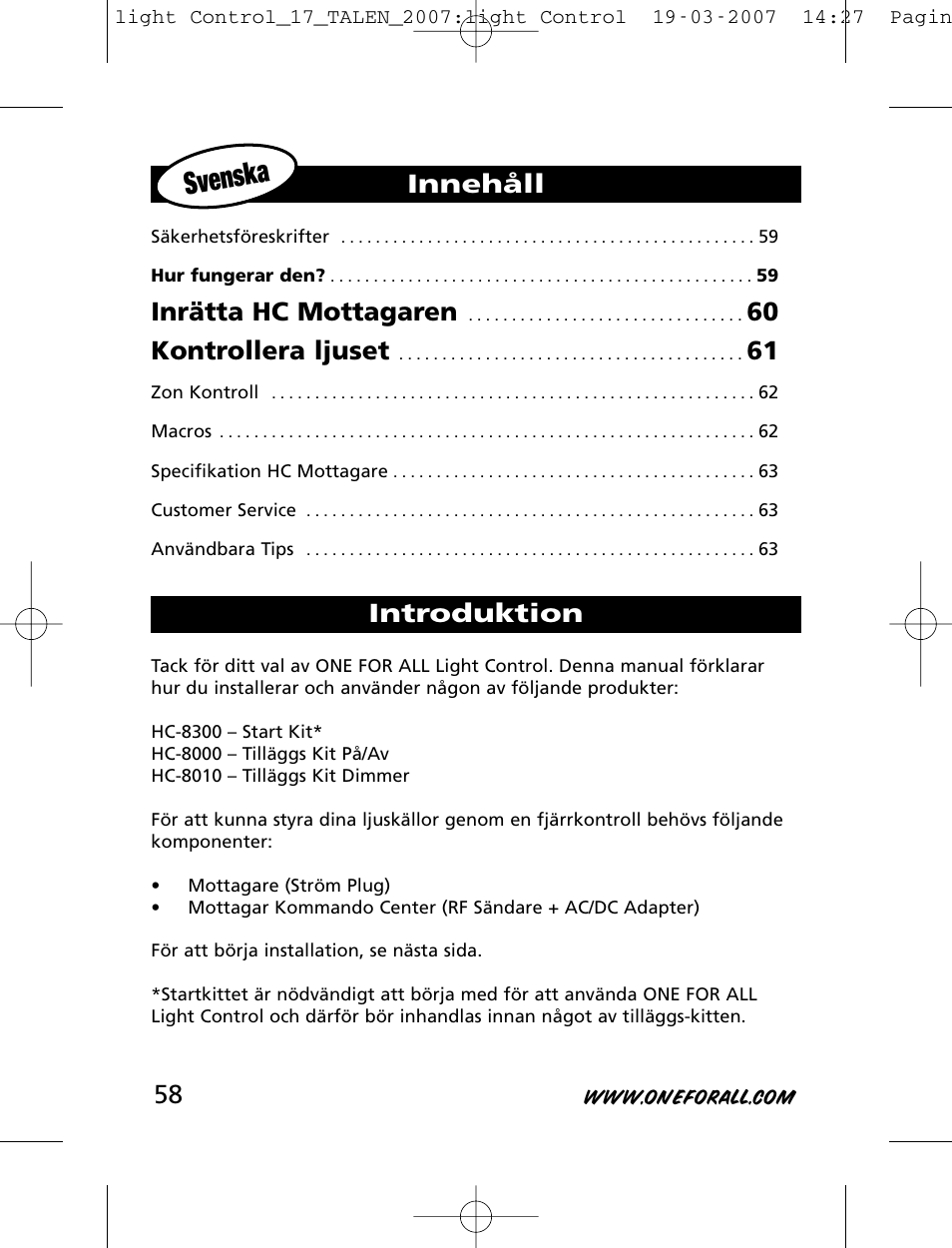 Svenska, Inrätta hc mottagaren, 60 kontrollera ljuset | Innehåll introduktion | One for All HC-8000 User Manual | Page 58 / 114