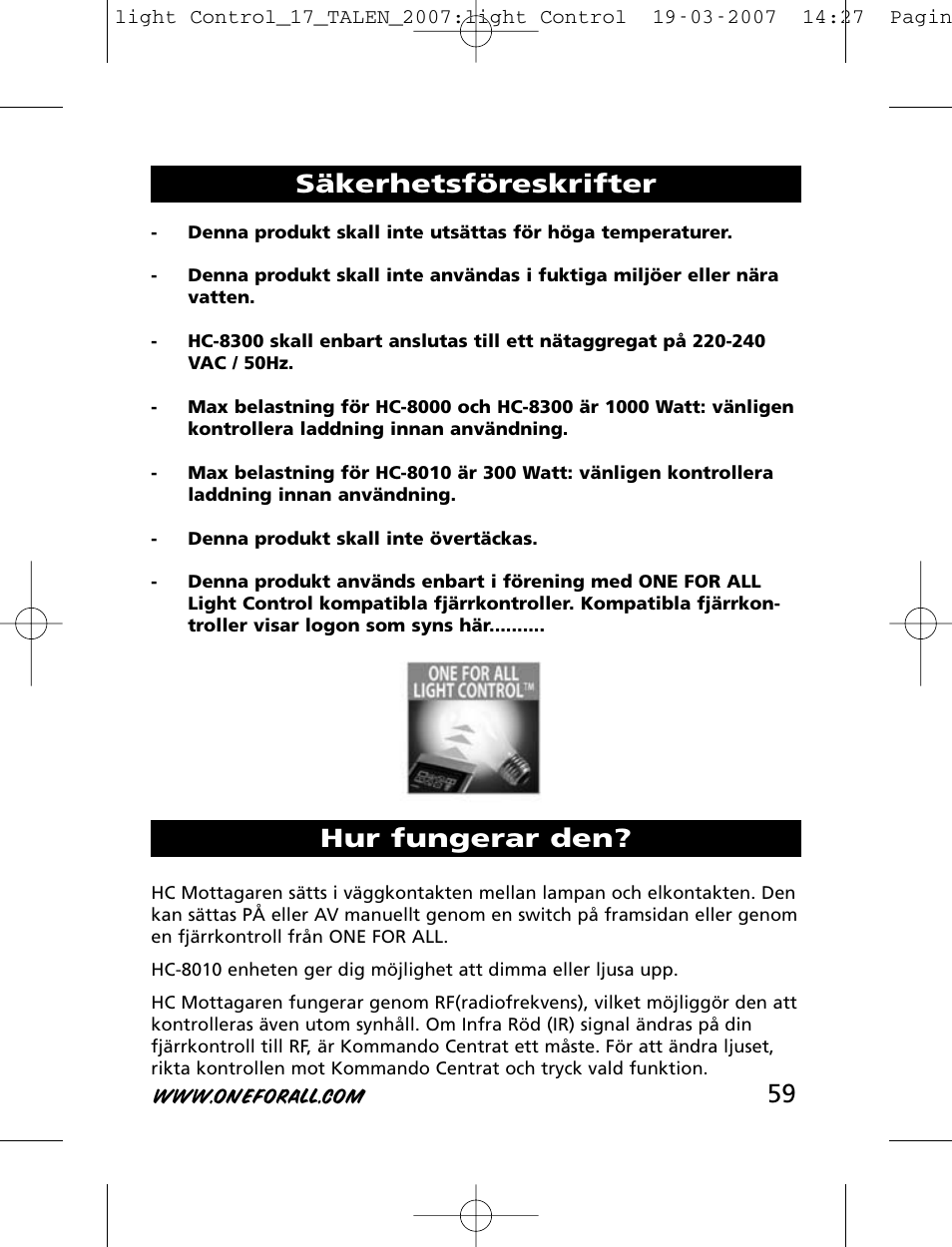 Säkerhetsföreskrifter hur fungerar den | One for All HC-8000 User Manual | Page 59 / 114