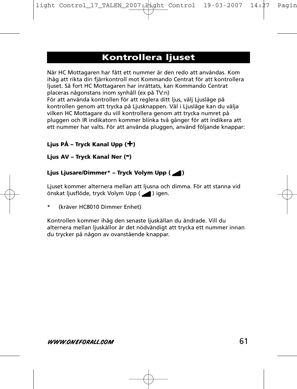 Kontrollera ljuset | One for All HC-8000 User Manual | Page 61 / 114