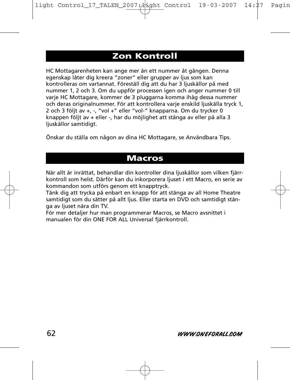 Zon kontroll macros | One for All HC-8000 User Manual | Page 62 / 114