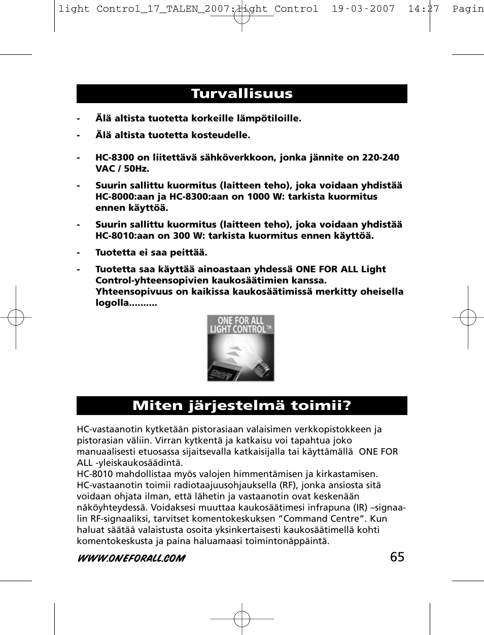 Turvallisuus miten järjestelmä toimii | One for All HC-8000 User Manual | Page 65 / 114