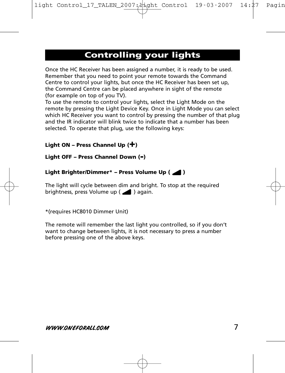 Controlling your lights | One for All HC-8000 User Manual | Page 7 / 114