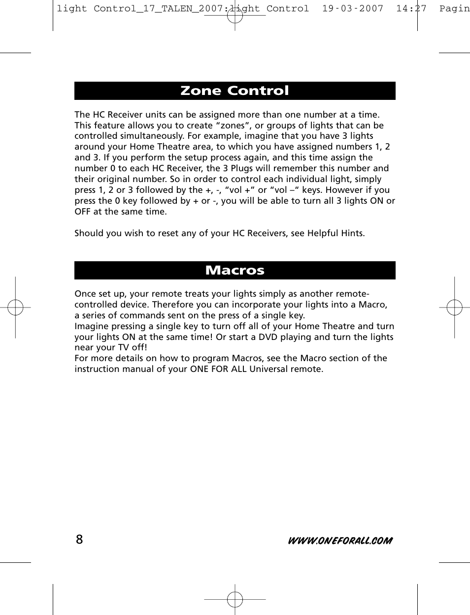 Zone control macros | One for All HC-8000 User Manual | Page 8 / 114