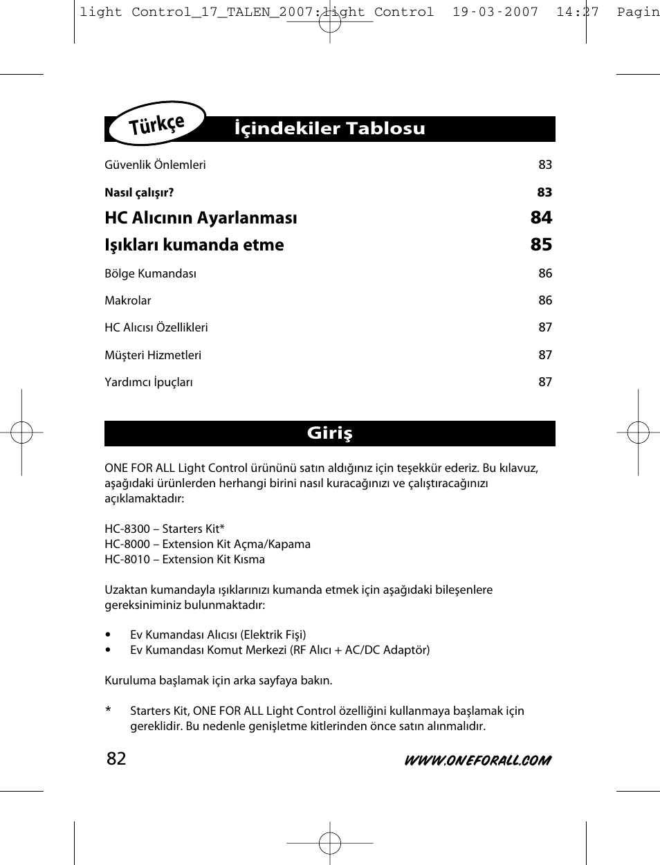 Türkçe, Içindekiler tablosu giriş | One for All HC-8000 User Manual | Page 82 / 114