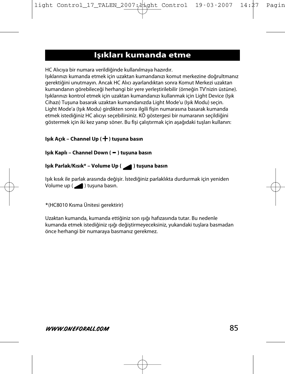 Işıkları kumanda etme | One for All HC-8000 User Manual | Page 85 / 114