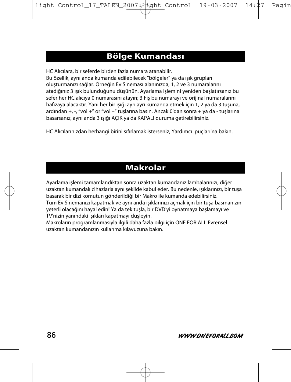 Bölge kumandası makrolar | One for All HC-8000 User Manual | Page 86 / 114