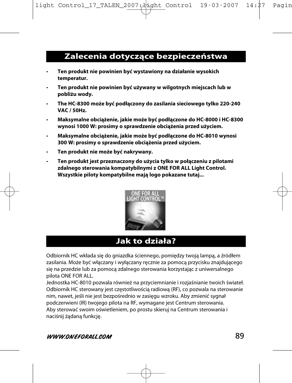 Zalecenia dotyczące bezpieczeństwa jak to działa | One for All HC-8000 User Manual | Page 89 / 114