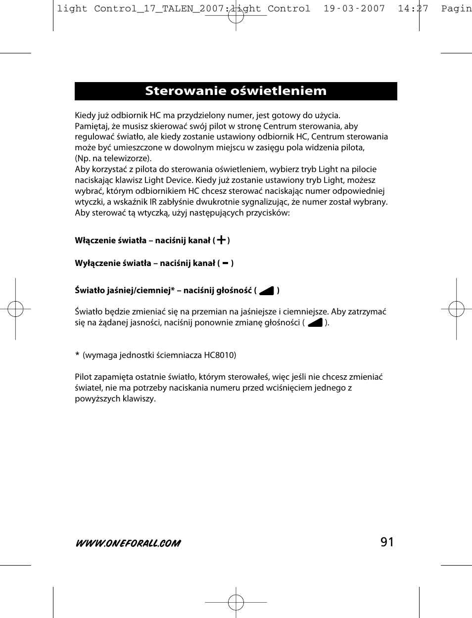 Sterowanie oświetleniem | One for All HC-8000 User Manual | Page 91 / 114