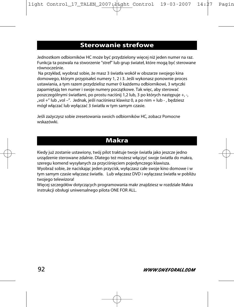 Sterowanie strefowe makra | One for All HC-8000 User Manual | Page 92 / 114