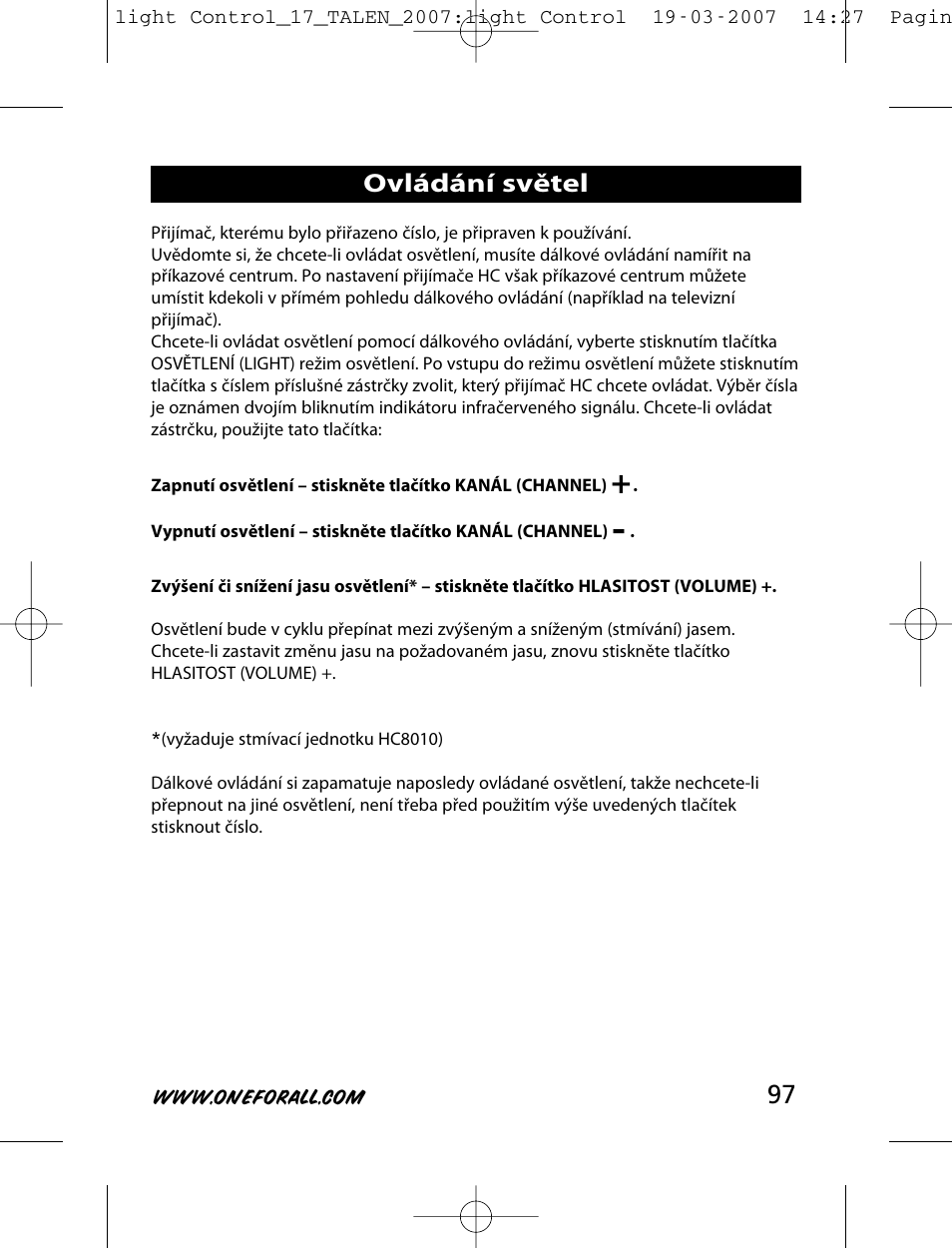 Ovládání světel | One for All HC-8000 User Manual | Page 97 / 114