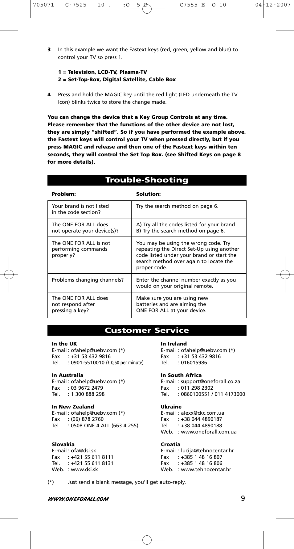 Trouble-shooting, Customer service | One for All URC-7525 User Manual | Page 10 / 107