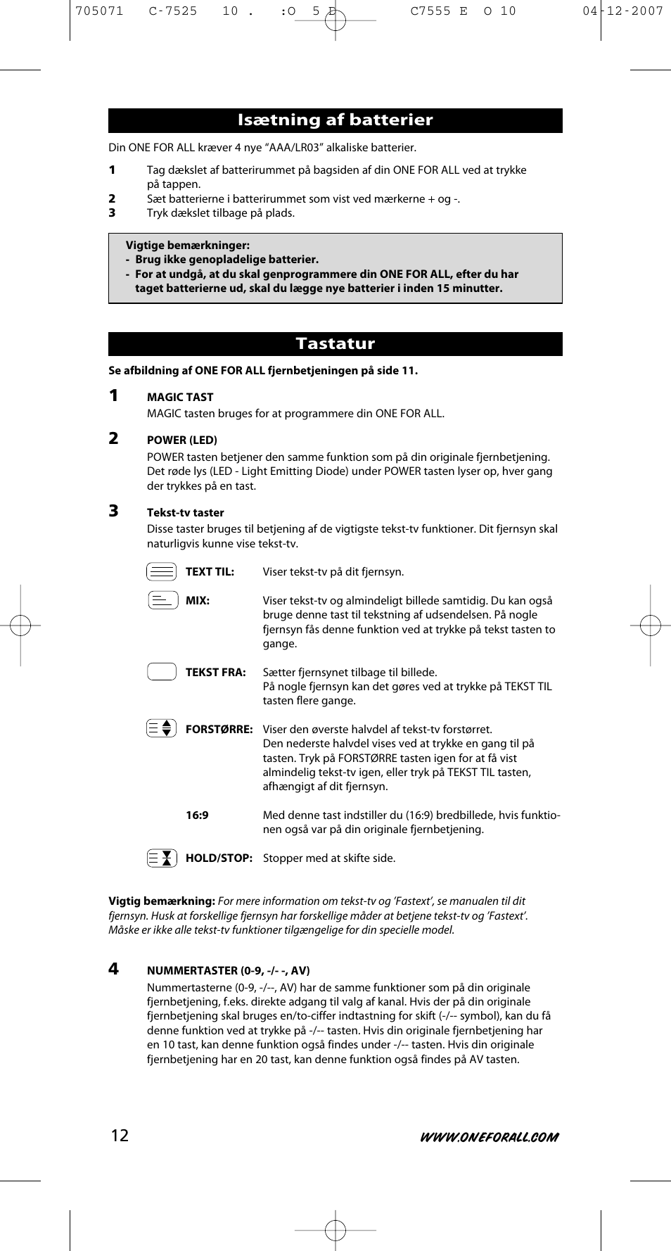 Isætning af batterier, Tastatur | One for All URC-7525 User Manual | Page 13 / 107
