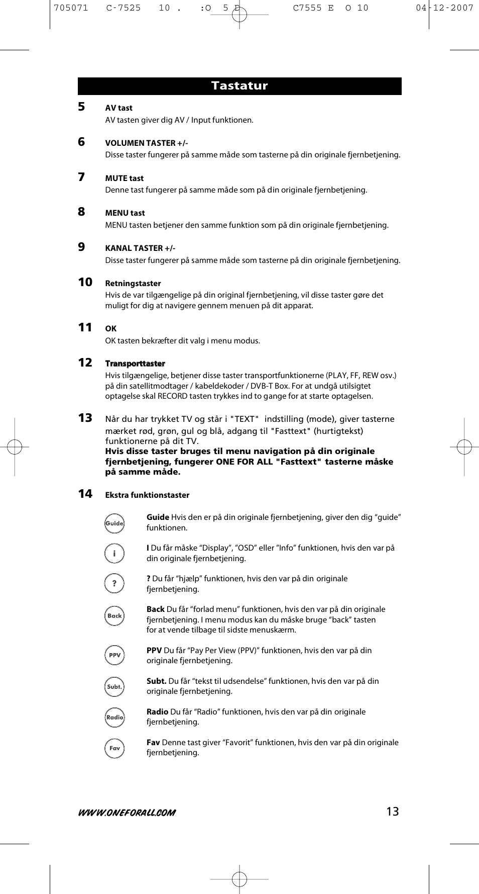 Tastatur | One for All URC-7525 User Manual | Page 14 / 107