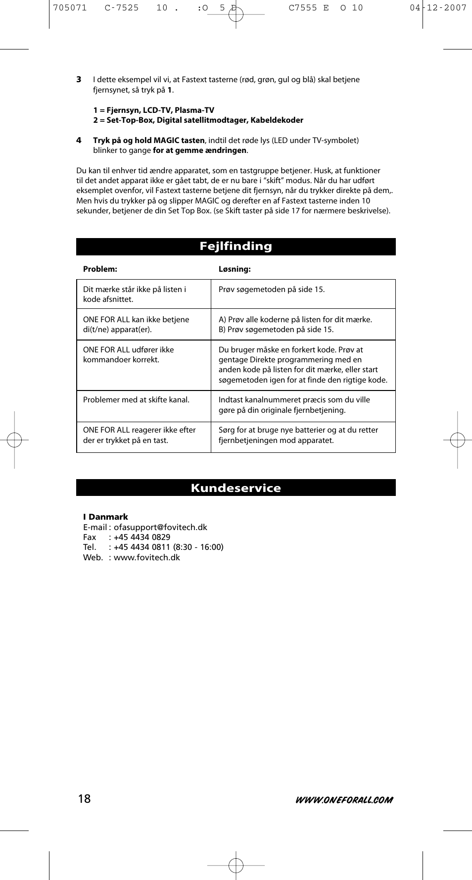 Fejlfinding, Kundeservice | One for All URC-7525 User Manual | Page 19 / 107