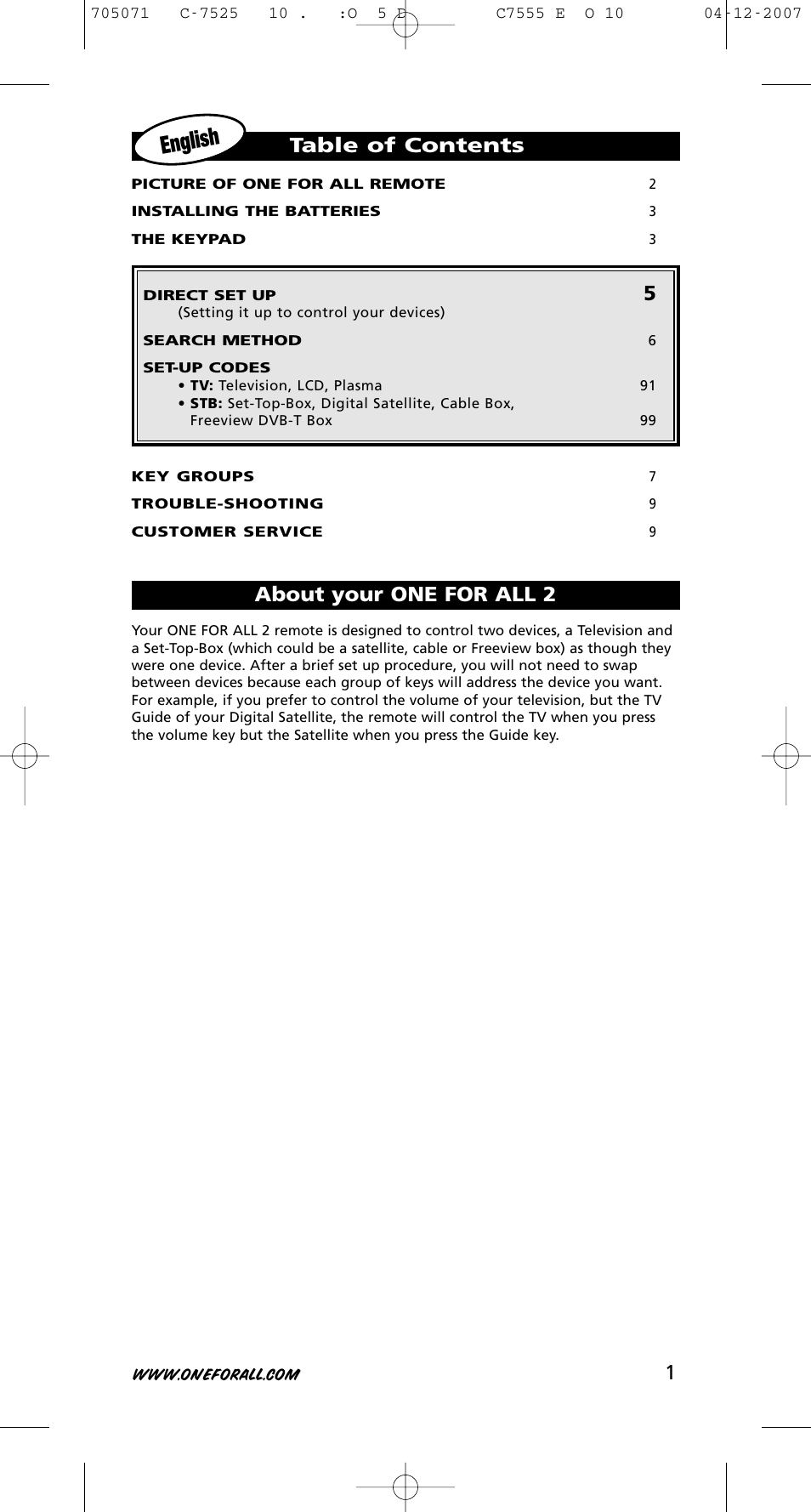 One for All URC-7525 User Manual | Page 2 / 107