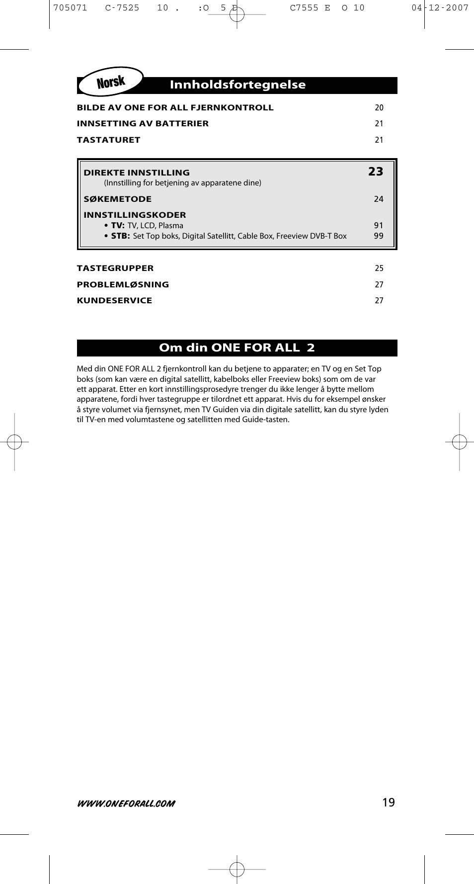 Norsk, Innholdsfortegnelse, Om din one for all 2 | One for All URC-7525 User Manual | Page 20 / 107