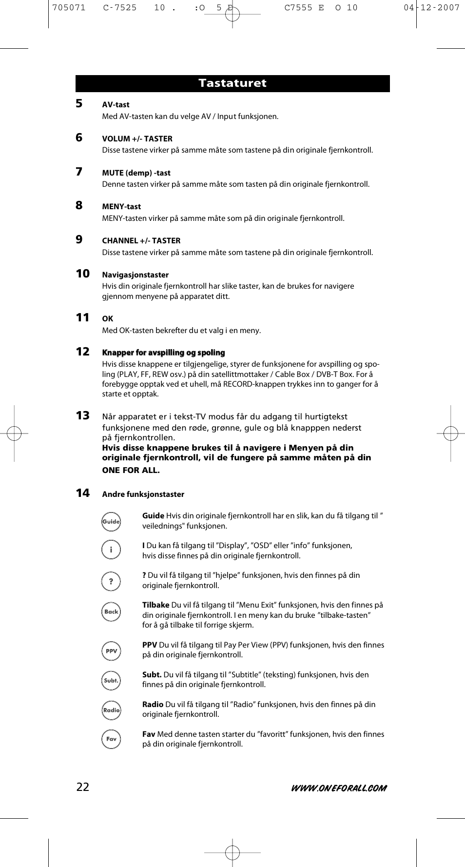 Tastaturet | One for All URC-7525 User Manual | Page 23 / 107