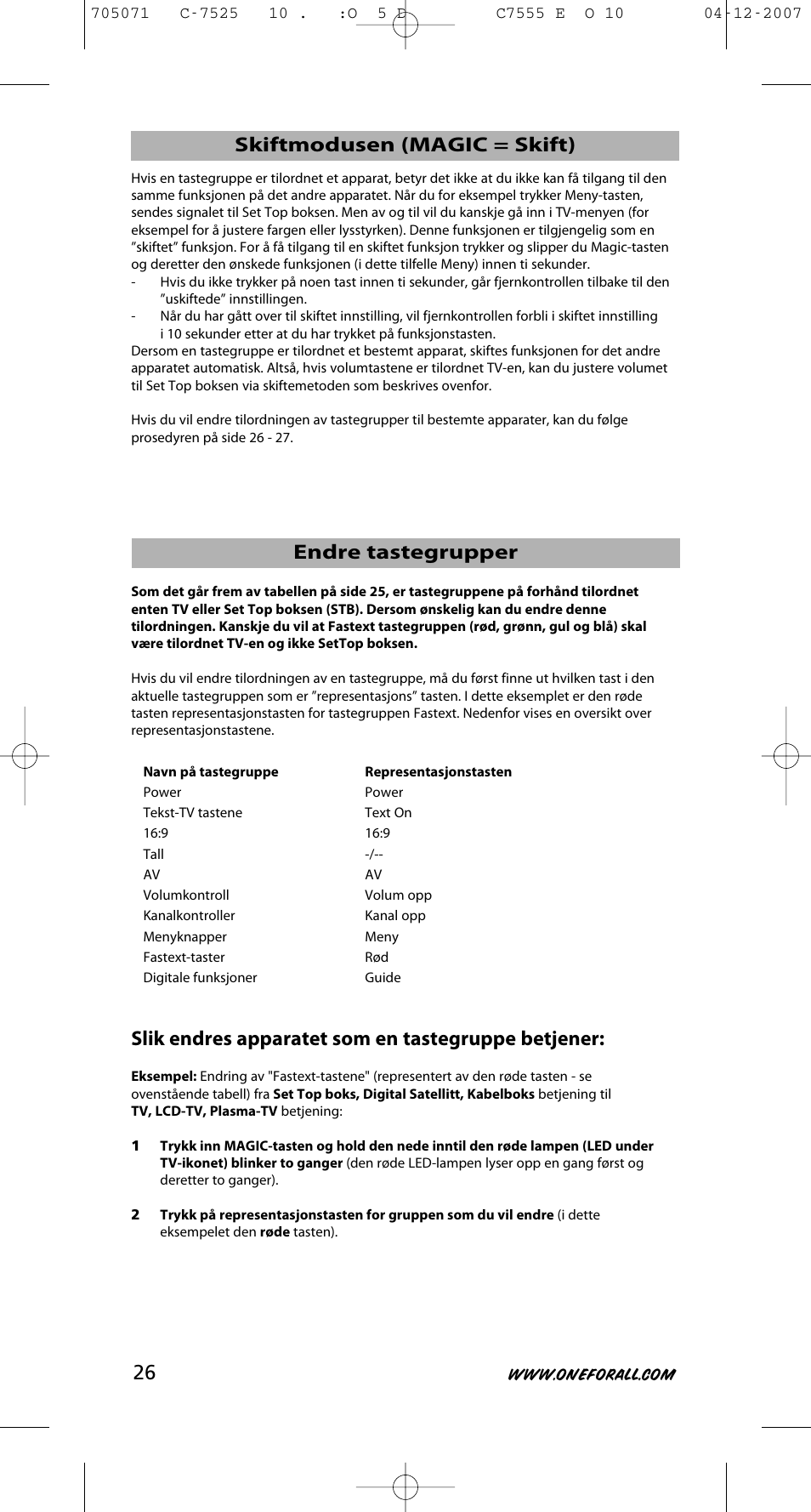 Skiftmodusen (magic = skift) endre tastegrupper, Slik endres apparatet som en tastegruppe betjener | One for All URC-7525 User Manual | Page 27 / 107