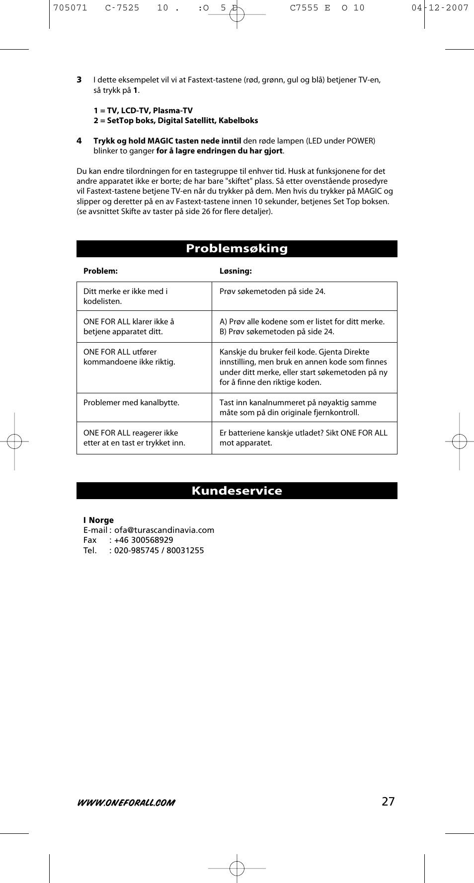 Problemsøking, Kundeservice | One for All URC-7525 User Manual | Page 28 / 107