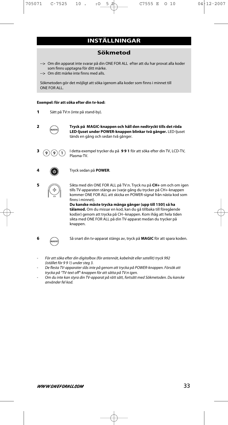 33 inställningar sökmetod | One for All URC-7525 User Manual | Page 34 / 107