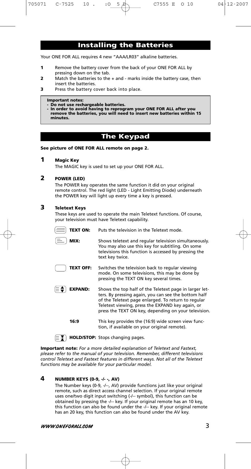 Installing the batteries, The keypad | One for All URC-7525 User Manual | Page 4 / 107