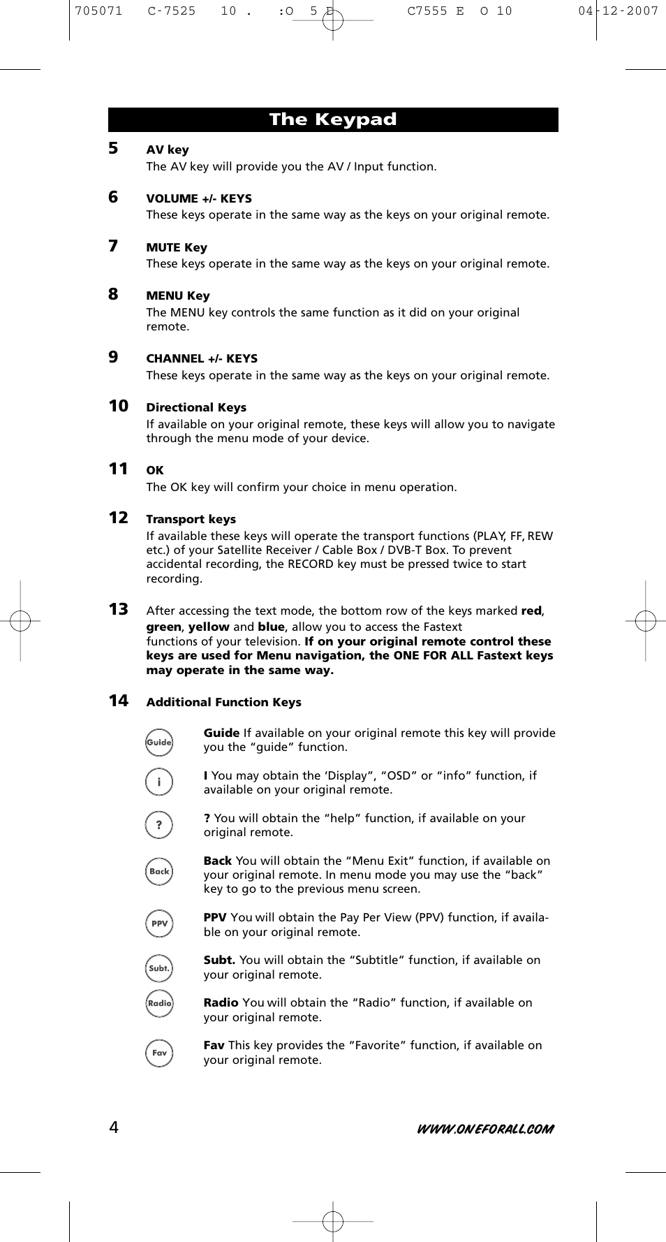 The keypad | One for All URC-7525 User Manual | Page 5 / 107
