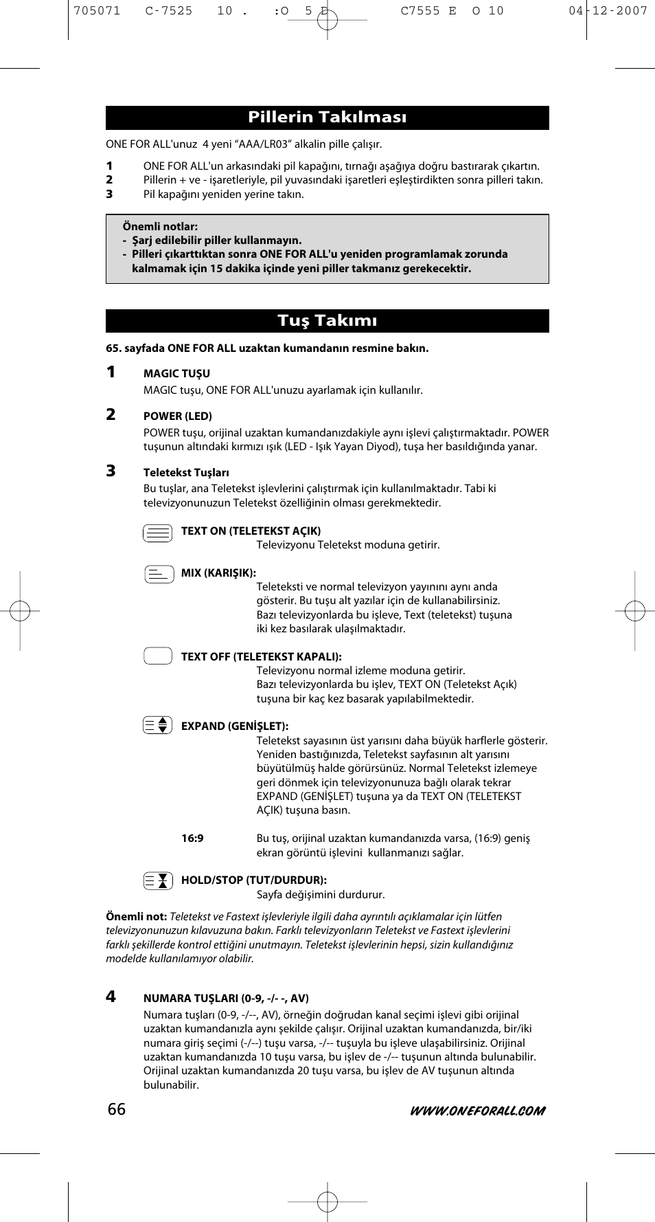 Pillerin takılması, Tuş takımı | One for All URC-7525 User Manual | Page 67 / 107