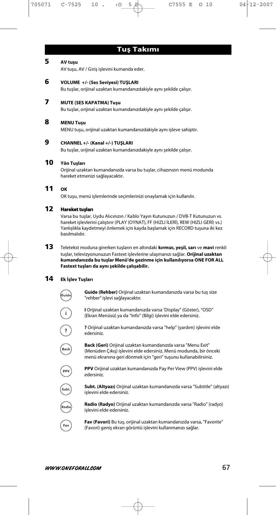 Tuş takımı | One for All URC-7525 User Manual | Page 68 / 107