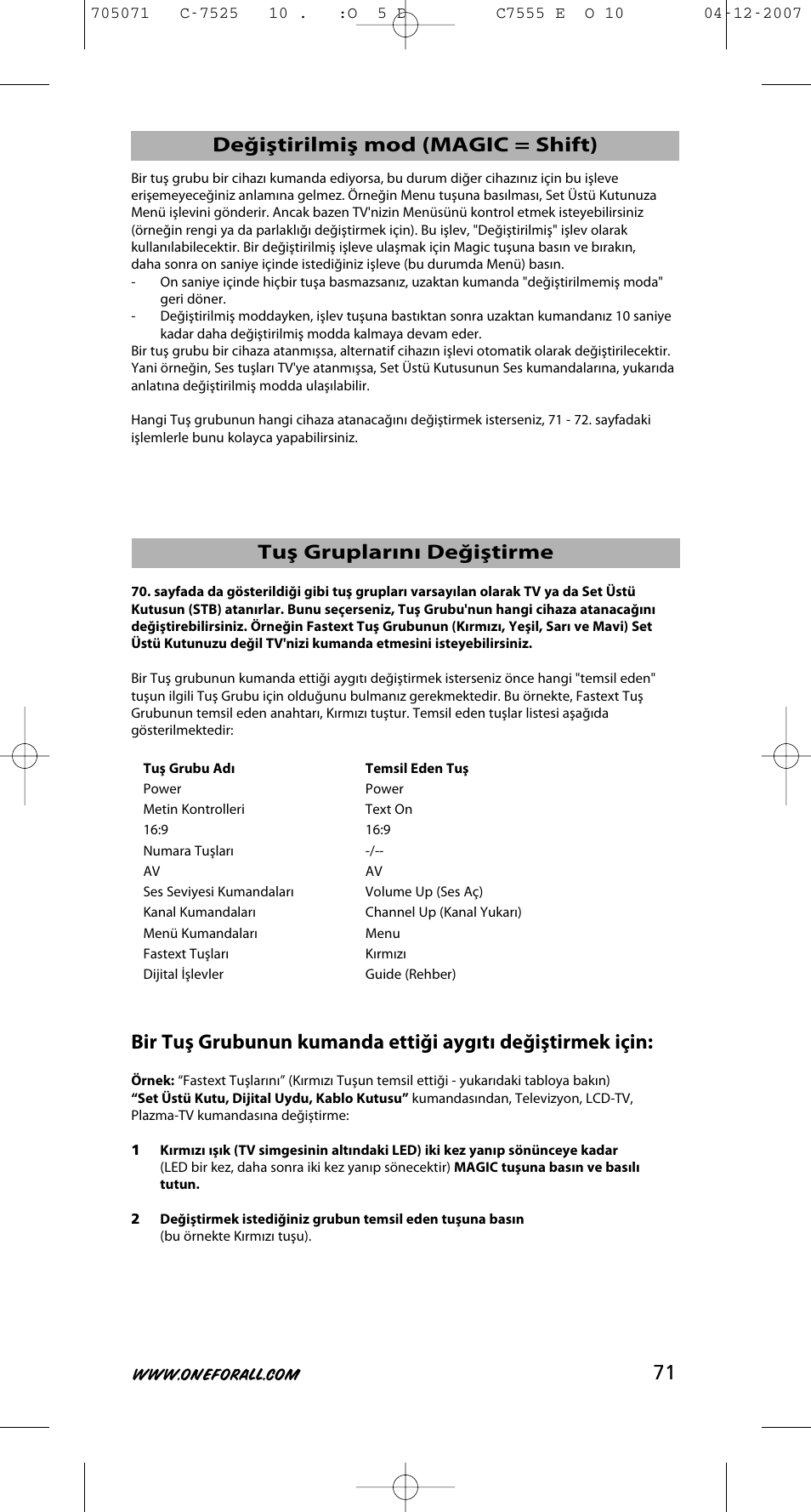 Varsayılan aygıt modu | One for All URC-7525 User Manual | Page 72 / 107