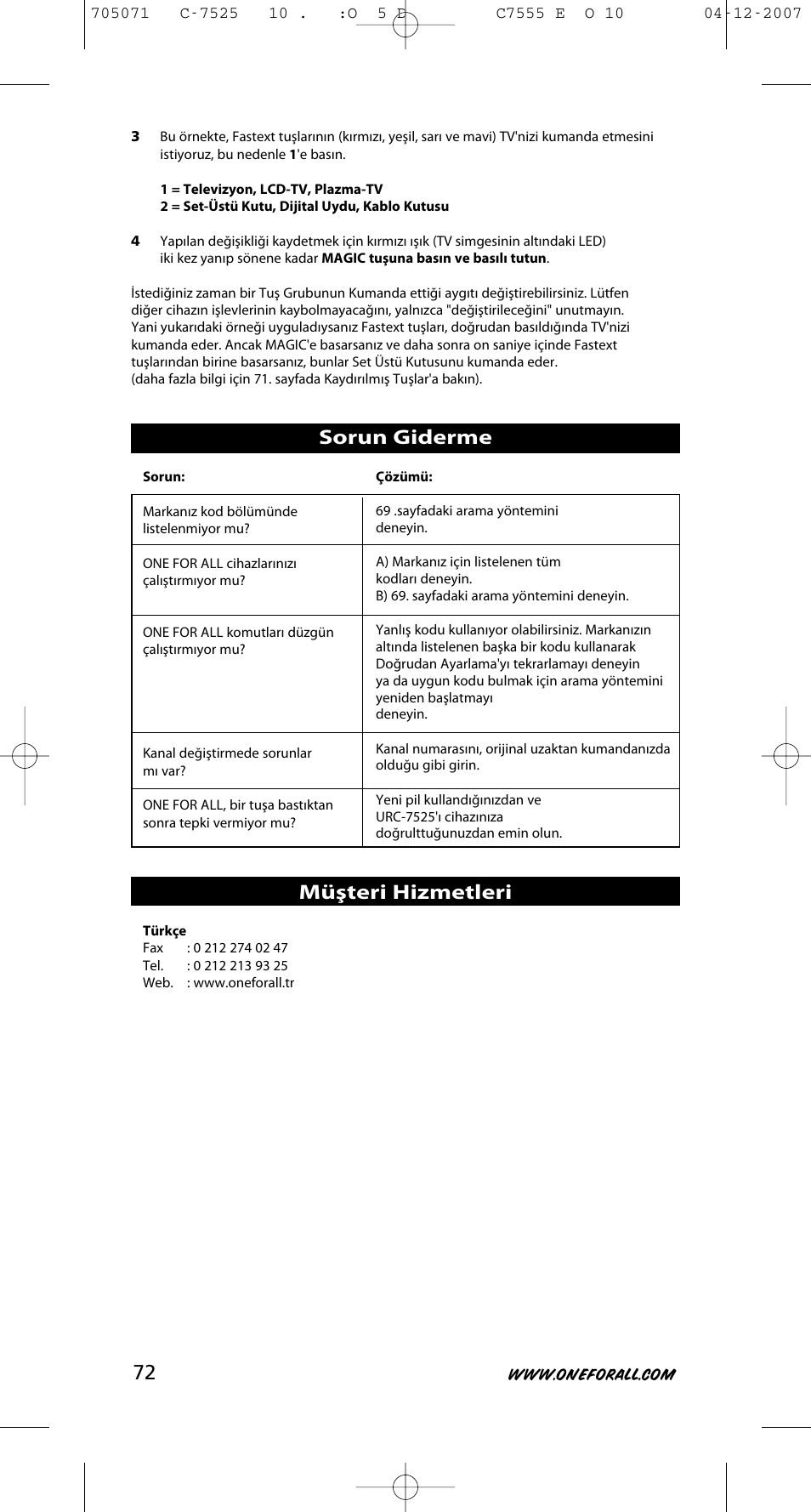 Sorun giderme, Müşteri hizmetleri | One for All URC-7525 User Manual | Page 73 / 107