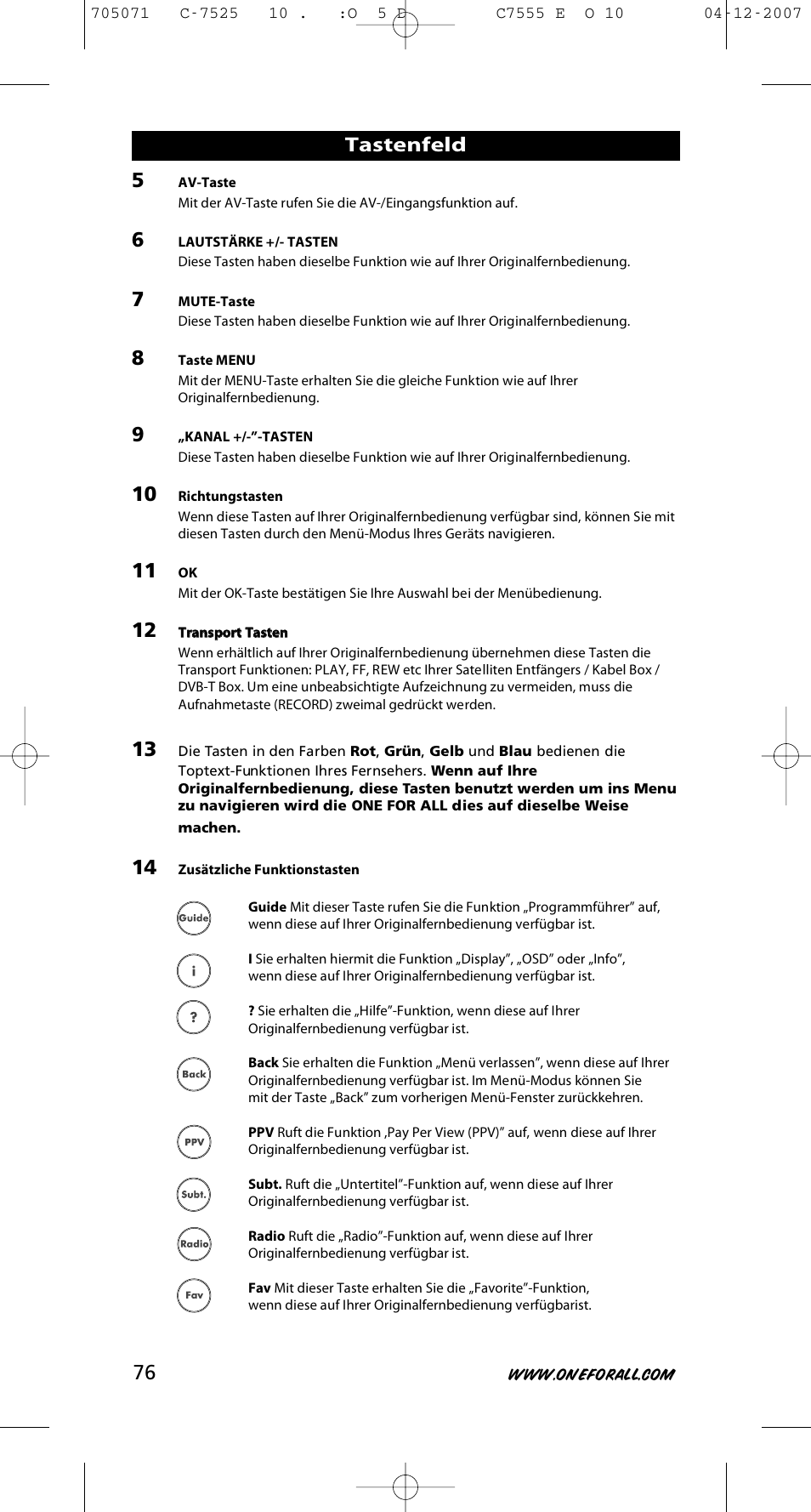 Tastenfeld | One for All URC-7525 User Manual | Page 77 / 107