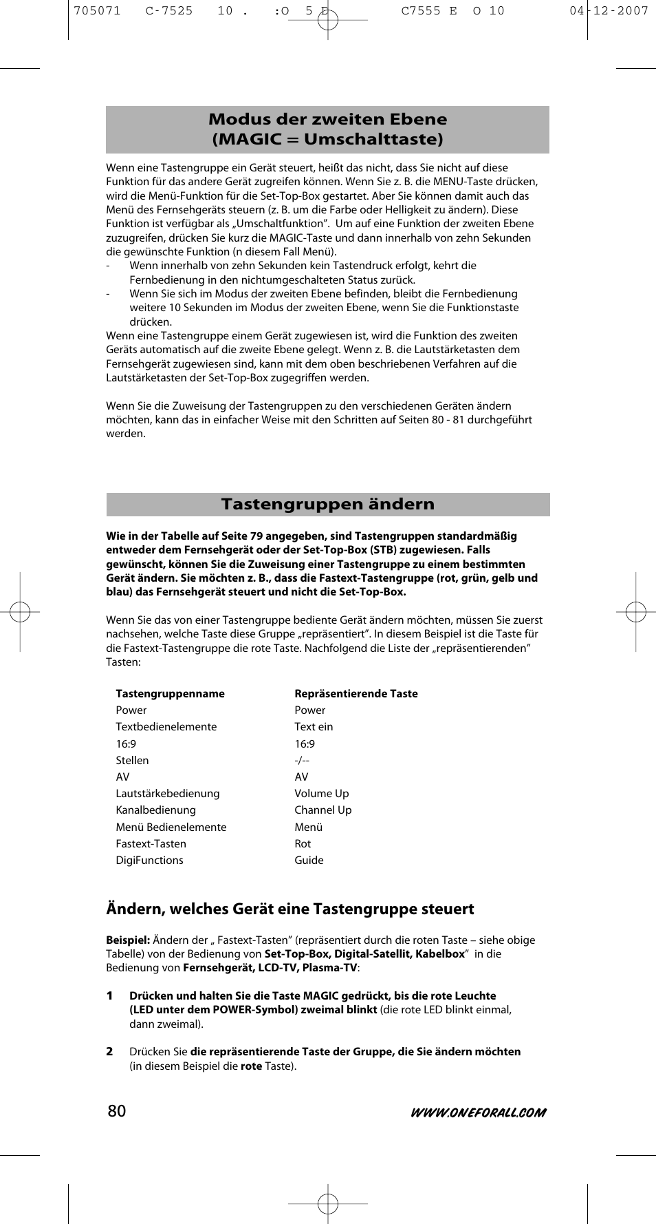 Ändern, welches gerät eine tastengruppe steuert | One for All URC-7525 User Manual | Page 81 / 107