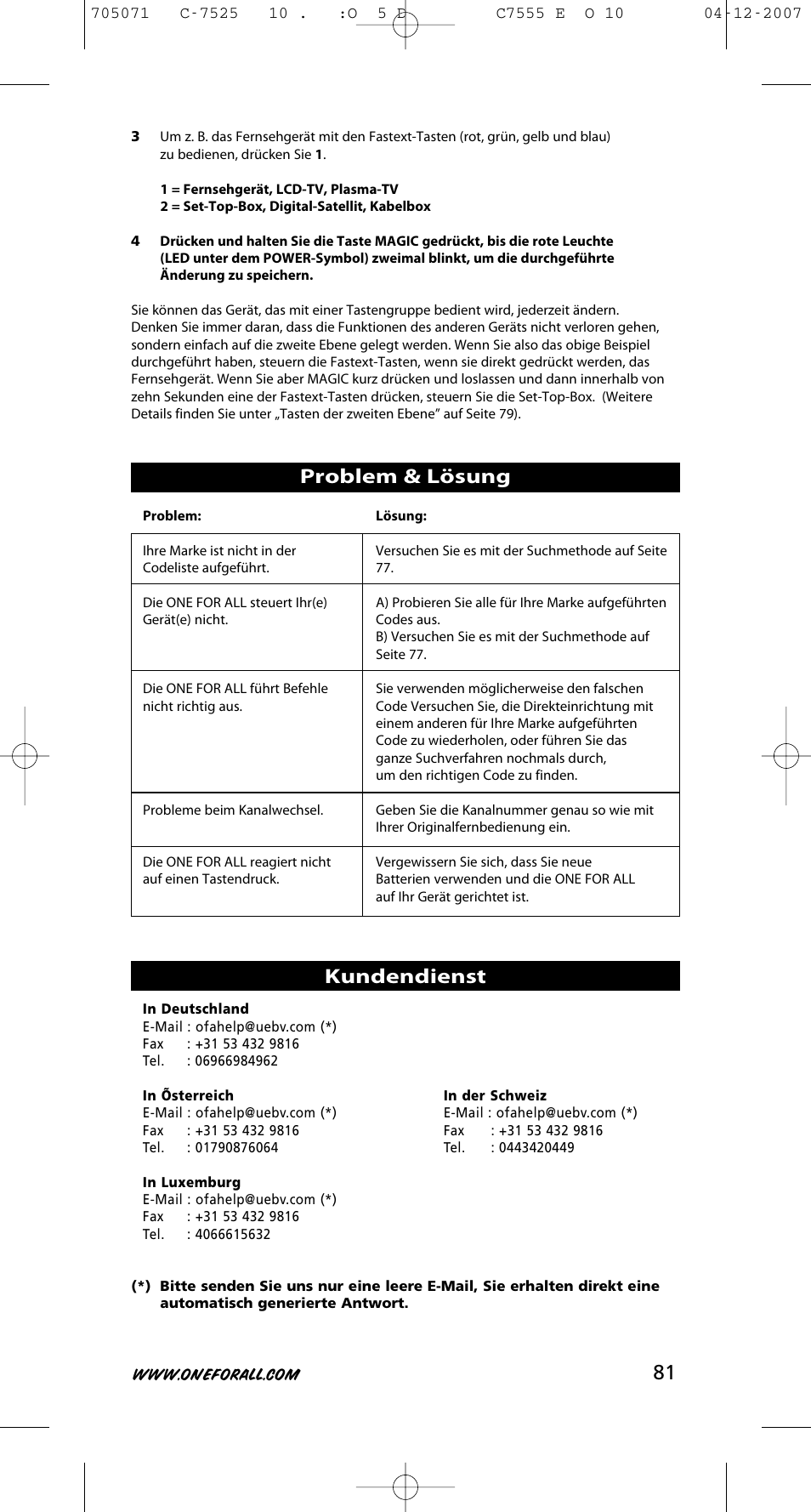 Problem & lösung, Kundendienst | One for All URC-7525 User Manual | Page 82 / 107