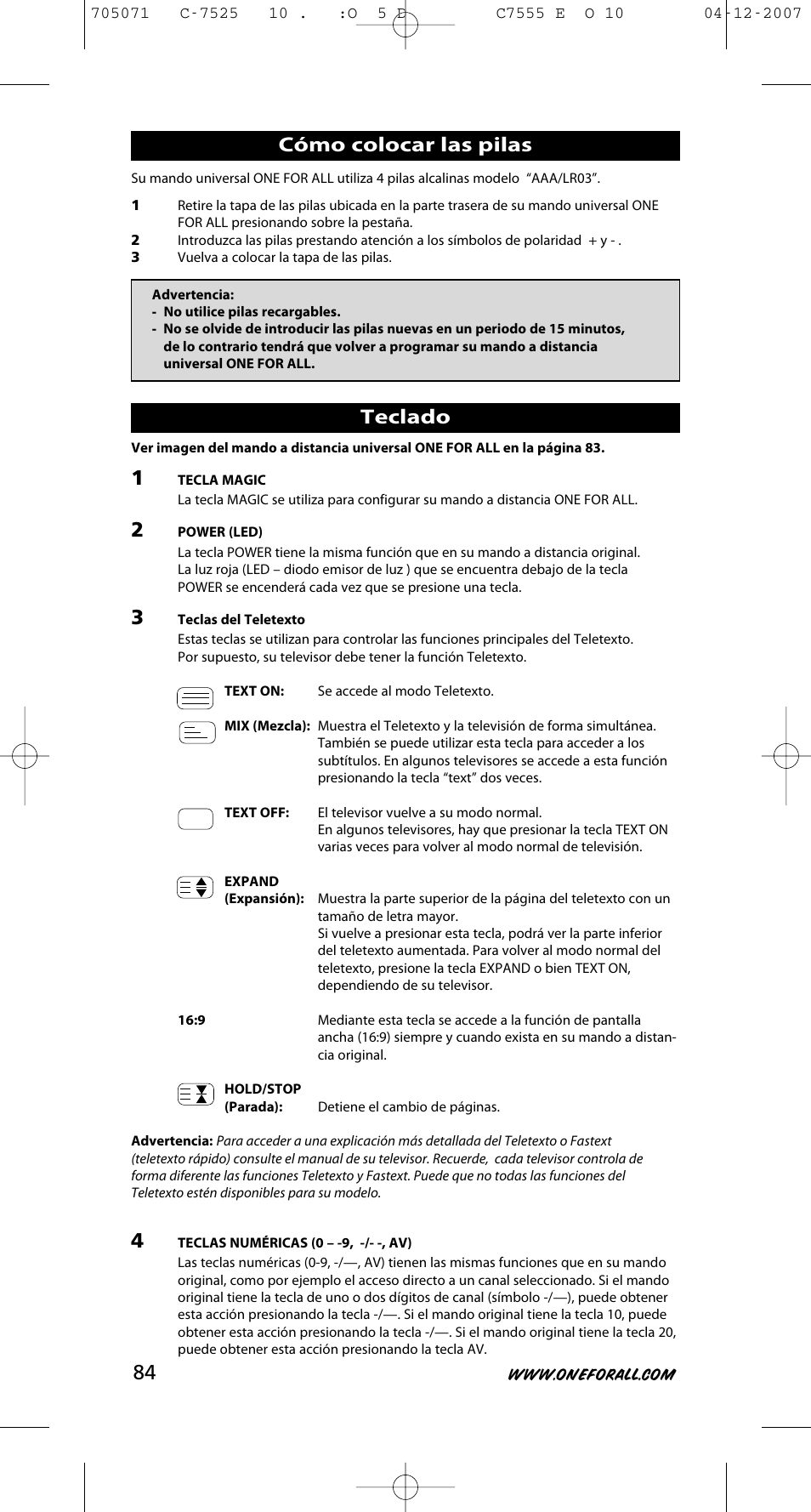 Cómo colocar las pilas, Teclado | One for All URC-7525 User Manual | Page 85 / 107